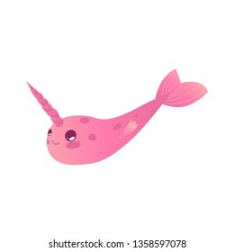 Vector cute pink narwhal character, sea unicorn with horn icon. Cartoon underwater arctic mammal for kids design. Smiling north wildlife marine animal on isolated background.