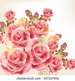 Vector cute pink roses in vintage style for design