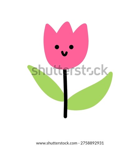 Vector cute pink tulip with smiling face. Minimalist flat design with green leaves. Cheerful floral illustration for stickers and childish projects. Playful smiling flower.