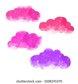 Vector. Cute pink watercolor clouds with. Set of watercolor objects isolated on white background for your design: textile, fabric, postcard, invitation.