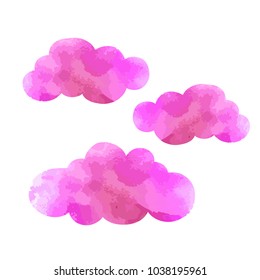 Vector. Cute pink watercolor clouds with. Set of watercolor objects isolated on white background for your design: textile, fabric, postcard, invitation.