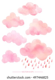 Vector. Cute pink watercolor clouds with rain. Set of watercolor objects isolated on white background for your design: textile, fabric, postcard, invitation.