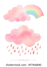 Vector. Cute pink watercolor clouds with rain and rainbow. Set of watercolor objects isolated on white background for your design: textile, fabric, postcard, invitation.