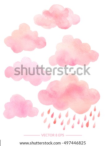 Vector. Cute pink watercolor clouds with rain. Set of watercolor objects isolated on white background for your design: textile, fabric, postcard, invitation.