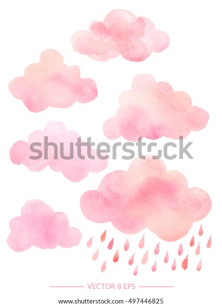 ベクター画像 かわいいピンクの水色の雲と雨 白い背景にデザイン用の水彩オブジェクトのセット 織物 織物 はがき 招待状 のベクター画像素材 ロイヤリティフリー