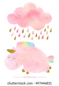 Vector. Cute pink watercolor unicorn and cloud with rain. Set of watercolor objects isolated on white background for your design: textile, fabric, postcard, invitation.