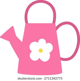 Vector lindo regadera rosa con el icono de la flor blanca aislado en el fondo blanco. Jardín de primavera o ilustración de la herramienta de Pascua. Imagen divertida del equipo de jardinería para los niños
