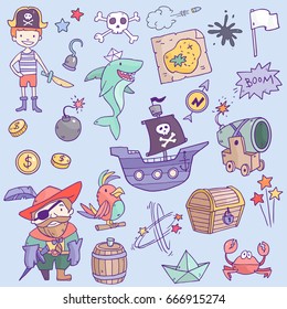 Vector cute pirate objects set collection with shark, pirate ship, boy, sailor, map, treasures and so on