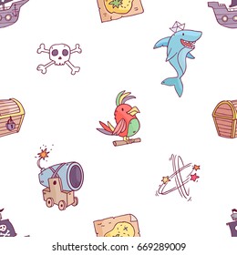 Vector cute pirate seamless pattern set collection with shark, pirate ship, sailor, map, treasures and so on