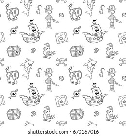 Vector cute pirate seamless pattern set collection with shark, pirate ship, boy, sailor, map, treasures and so on