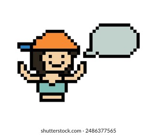 Vector Cute pixel 8bit character woman with chat blank say talk vector decoration 8 bit female girl think speak discuss idea chat box cartoon pixel game vector.