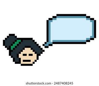 Vector Cute pixel 8bit character woman with chat blank say talk vector decoration 8 bit female girl think speak discuss idea chat box cartoon pixel game vector.