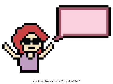 Vector Cute pixel 8bit character woman with chat blank say talk vector decoration 8 bit female girl think speak discuss idea chat box cartoon pixel game png vector.