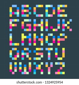 Vector cute pixel art font in 4x5 pixel grid. Simple alphabet.