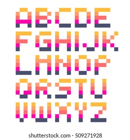 Vector cute pixel art font in 4x5 pixel grid. Simple alphabet. 