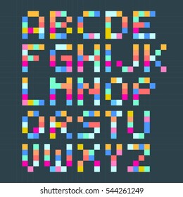 Vector cute pixel art font in 4x5 pixel grid. Simple alphabet.