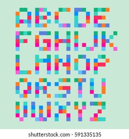 Vector cute pixel art font in 4x5 pixel grid. Simple alphabet.