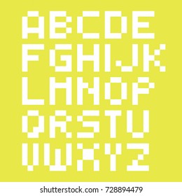 Vector cute pixel art font in 4x5 pixel grid. Simple alphabet.