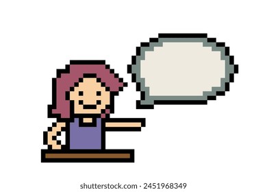 Vector Cute pixel cartoon 8bit character woman sit with chat blank vector decoration 8 bit female girl speak discuss idea chat box cartoon pixel game.