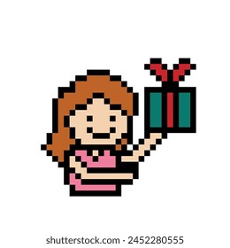 Vector Cute pixel cartoon 8bit character woman hold gift box bonus reward vector decoration 8 bit female girl give gift box shopping birthday christmas day game.
