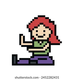 Vector cute pixel cartoon 8bit character woman aerobic yoga exercises training lifestyle vector decoration life style 8 bit female girl exercise gym yoga fitness warm game vector.