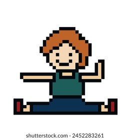 Vector cute pixel cartoon 8bit character man aerobic yoga exercises training lifestyle vector decoration life style 8 bit male boy exercise gym yoga fitness warm game vector.