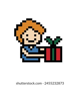 Vector Lindo pixel caricatura 8 bits personaje hombre sostiene caja de regalo bonificación de recompensa decoración de Vector 8 bits chico masculino dar caja de regalo compras cumpleaños día de navidad juego.
