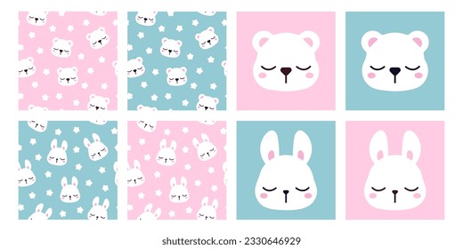 Vector cute polar bear and bunny seamless patterns. Cartoon blue and pink baby print illustrations.