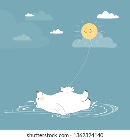 Vector cute polar bear Daddy and child swimming in sunny day, Cartoon Two white bears playing laying down together in the water on summer. Baby shower,  kid birthday or Fathers day card, Flat design