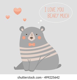 Vector of a cute polar bear with a heart is saying "I love you beary much". Cute romantic illustration with funny text. Valentines card with cartoon character