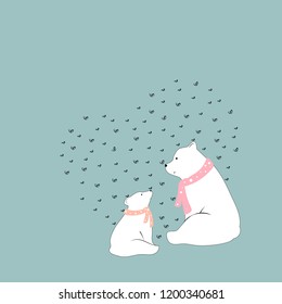 Vector cute polar bear Mommy and child sitting together with smiling face,Two white bear sitting with heart shape background on green pastel,Baby shower or kid birthday or Mother day card,Flat design