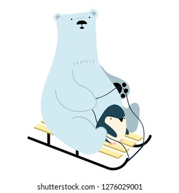 Vector Of Cute Polar Bear And Penguin On Sled. Eps 10.