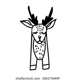 Vector cute polar reindeer hand drawn in black line.Holiday, winter,northern doodle style illustration on isolated background. Design for social media,packaging,decor,stickers,web,coloring,printing.
