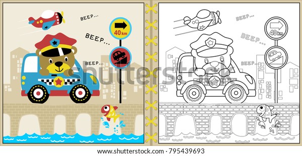 Vector of cute police cartoon with little car on\
bridge, coloring page or\
book