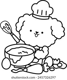 a vector of a cute poodle baking cakes in black and white coloring