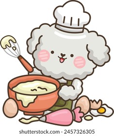 a vector of a cute poodle baking cakes