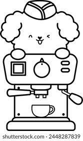 un Vector de un lindo caniche con una cafetera en color blanco y negro