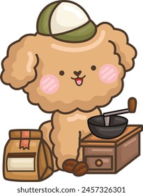 a vector of a cute poodle grinding coffee beans