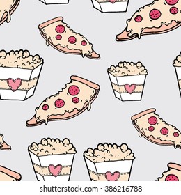 vector cute popcorn and pizza seamless pattern