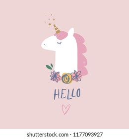 Vector cute postcard design with pastel colored unicorn and lettering sign. Hand painted nursery art