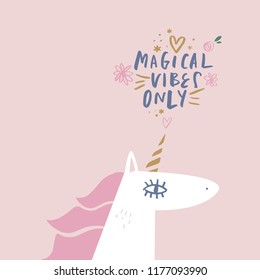 Vector cute postcard design with pastel colored unicorn and lettering sign. Hand painted nursery art