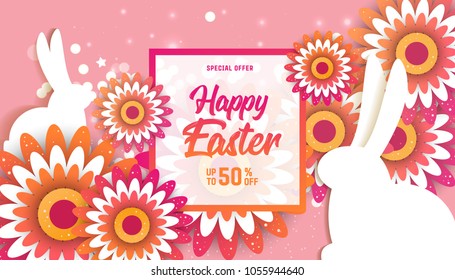 Vector cute poster for Easter Egg  with colored eggs and rabbits.  Holiday background