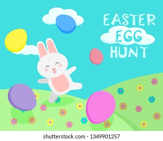 Vector cute poster for Easter Egg Hunt with colored eggs and a rabbit. Spring holiday flyers, banners, posters and templates design. Game: find the egg. Easter Bunny with coloring eggs in field.