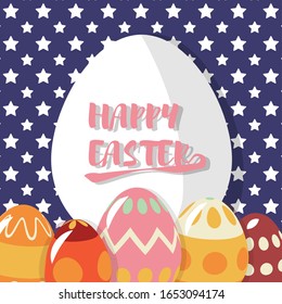 Vector cute poster for Easter Egg holiday, easter hunt with colored eggs. Vector illustration for holiday flyers, banner, frame, header, greeting card. Design elements
