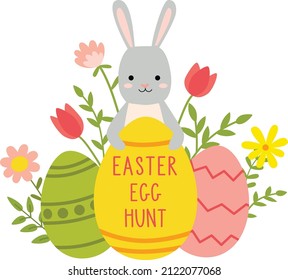 Vector cute poster for Easter Egg Hunt with a cute rabbit with colored eggs.