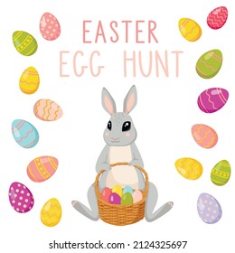 Vector cute poster for Easter Egg Hunt with a cute rabbit with basket of colored eggs.