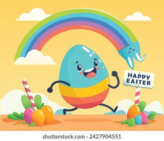 Vector cute poster for Easter Egg Hunt with colored egg. For holiday flyers and banners design. Funny running egg.