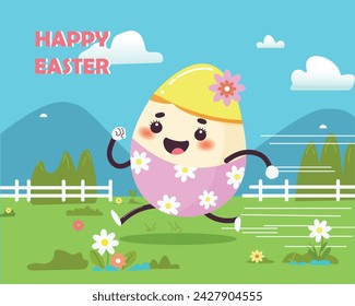 Vector cute poster for Easter Egg Hunt with colored egg. For holiday flyers and banners design. Funny running egg.