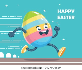 Vector cute poster for Easter Egg Hunt with colored egg. For holiday flyers and banners design. Funny running egg.
