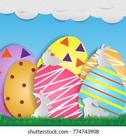 Vector cute poster for Easter Egg Hunt with colored eggs and ears of a rabbit on paper style.vector illustration